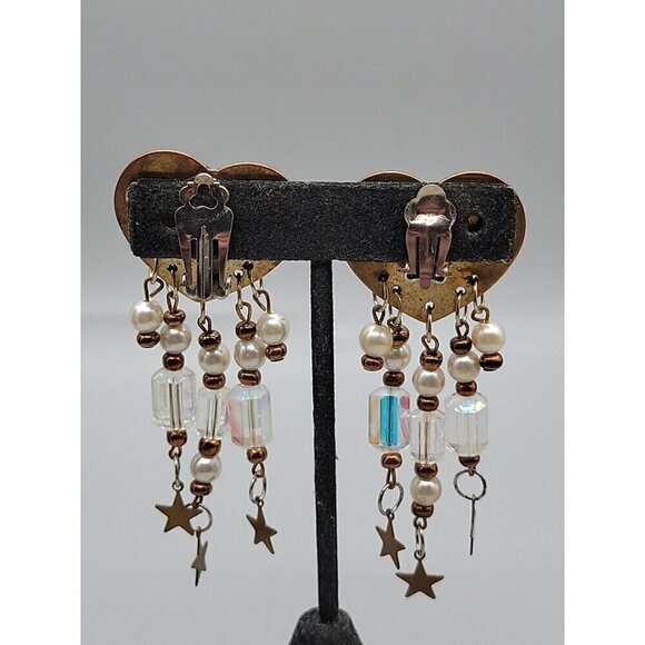 Floral Heart Dangling Faux Pearl Clip-on Earrings Irridescent Bead Stars Vintage - Picture 8 of 11